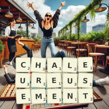 Illustration créative d'un jeu de lettres avec le mot CHALEUREUSEMENT épelé sur le plateau.