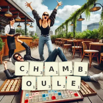 Illustration créative d'un jeu de lettres avec le mot CHAMBOULE épelé sur le plateau.