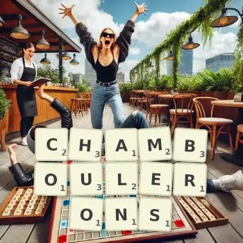 Illustration créative d'un jeu de lettres avec le mot CHAMBOULERONS épelé sur le plateau.