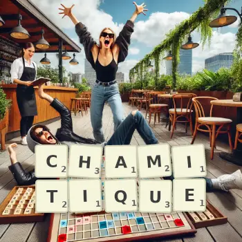 Illustration créative d'un jeu de lettres avec le mot CHAMITIQUE épelé sur le plateau.