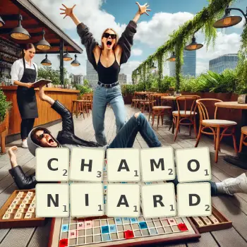 Illustration créative d'un jeu de lettres avec le mot CHAMONIARD épelé sur le plateau.