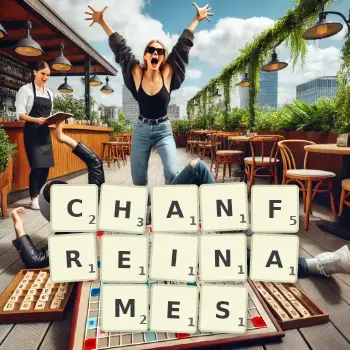 Illustration créative d'un jeu de lettres avec le mot CHANFREINAMES épelé sur le plateau.
