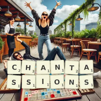 Illustration créative d'un jeu de lettres avec le mot CHANTASSIONS épelé sur le plateau.