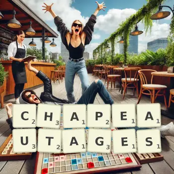 Illustration créative d'un jeu de lettres avec le mot CHAPEAUTAGES épelé sur le plateau.