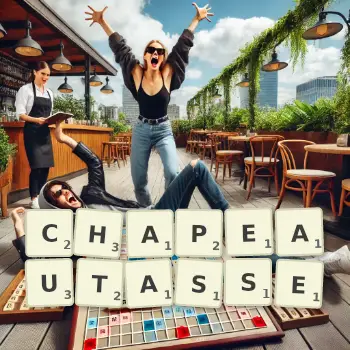 Illustration créative d'un jeu de lettres avec le mot CHAPEAUTASSE épelé sur le plateau.