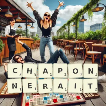 Illustration créative d'un jeu de lettres avec le mot CHAPONNERAIT épelé sur le plateau.