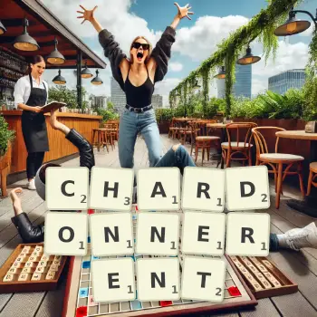 Illustration créative d'un jeu de lettres avec le mot CHARDONNERENT épelé sur le plateau.