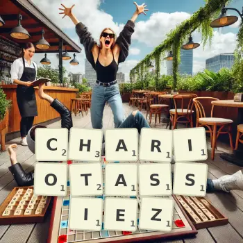 Illustration créative d'un jeu de lettres avec le mot CHARIOTASSIEZ épelé sur le plateau.