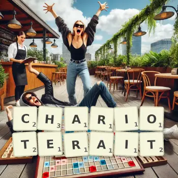 Illustration créative d'un jeu de lettres avec le mot CHARIOTERAIT épelé sur le plateau.