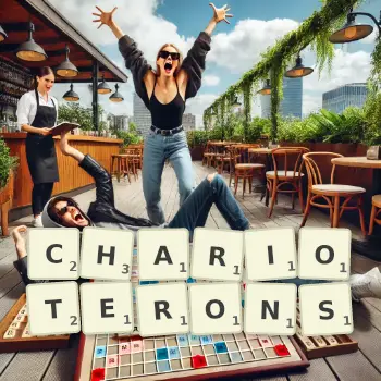 Illustration créative d'un jeu de lettres avec le mot CHARIOTERONS épelé sur le plateau.