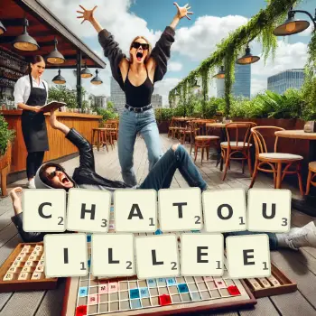 Illustration créative d'un jeu de lettres avec le mot CHATOUILLEE épelé sur le plateau.