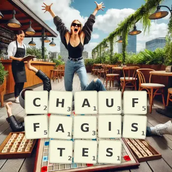 Illustration créative d'un jeu de lettres avec le mot CHAUFFAGISTES épelé sur le plateau.