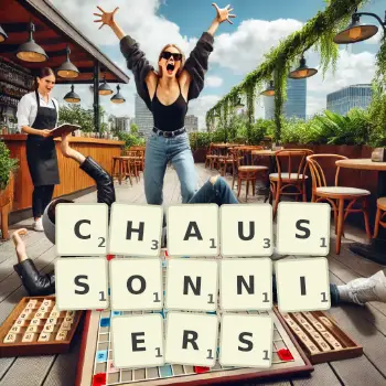 Illustration créative d'un jeu de lettres avec le mot CHAUSSONNIERS épelé sur le plateau.