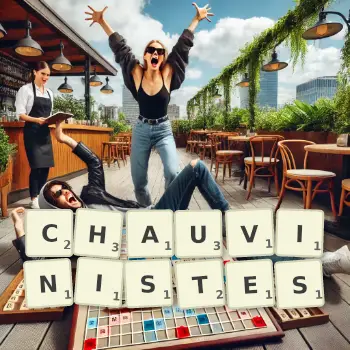 Illustration créative d'un jeu de lettres avec le mot CHAUVINISTES épelé sur le plateau.