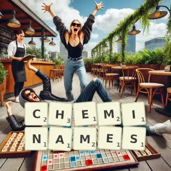 Illustration créative d'un jeu de lettres avec le mot CHEMINAMES épelé sur le plateau.