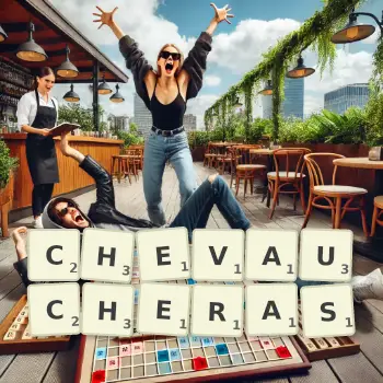 Illustration créative d'un jeu de lettres avec le mot CHEVAUCHERAS épelé sur le plateau.