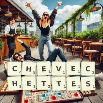 Illustration créative d'un jeu de lettres avec le mot CHEVECHETTES épelé sur le plateau.