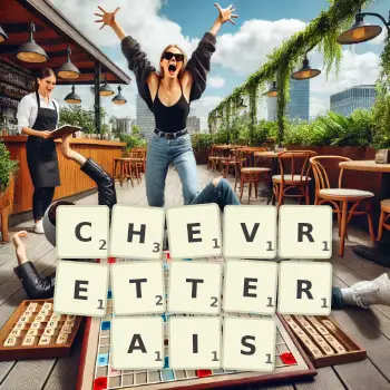 Illustration créative d'un jeu de lettres avec le mot CHEVRETTERAIS épelé sur le plateau.