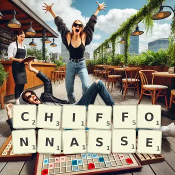 Illustration créative d'un jeu de lettres avec le mot CHIFFONNASSE épelé sur le plateau.