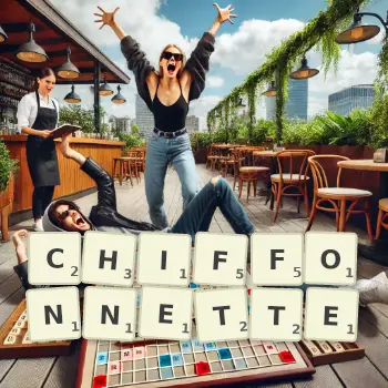 Illustration créative d'un jeu de lettres avec le mot CHIFFONNETTE épelé sur le plateau.