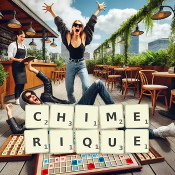 Illustration créative d'un jeu de lettres avec le mot CHIMERIQUE épelé sur le plateau.