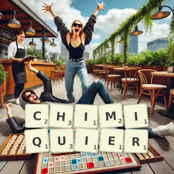 Illustration créative d'un jeu de lettres avec le mot CHIMIQUIER épelé sur le plateau.