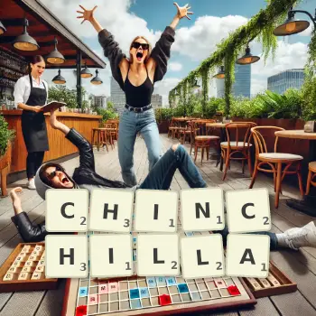 Illustration créative d'un jeu de lettres avec le mot CHINCHILLA épelé sur le plateau.