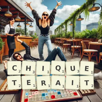 Illustration créative d'un jeu de lettres avec le mot CHIQUETERAIT épelé sur le plateau.