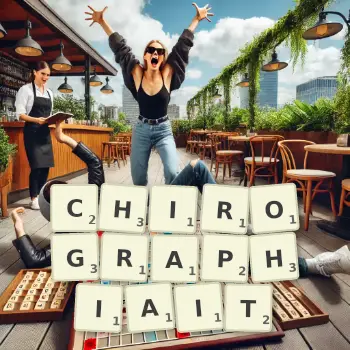Illustration créative d'un jeu de lettres avec le mot CHIROGRAPHIAIT épelé sur le plateau.