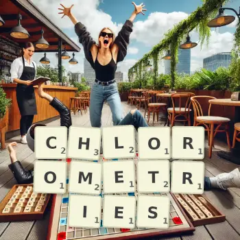 Illustration créative d'un jeu de lettres avec le mot CHLOROMETRIES épelé sur le plateau.