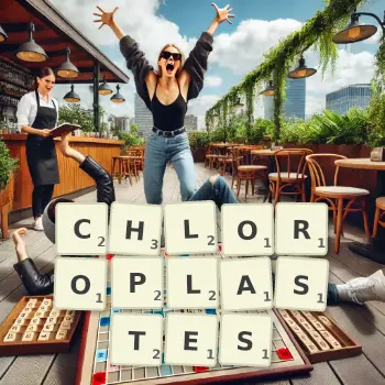 Illustration créative d'un jeu de lettres avec le mot CHLOROPLASTES épelé sur le plateau.