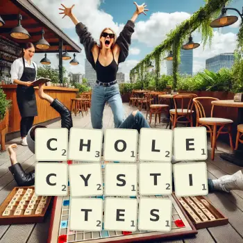 Illustration créative d'un jeu de lettres avec le mot CHOLECYSTITES épelé sur le plateau.