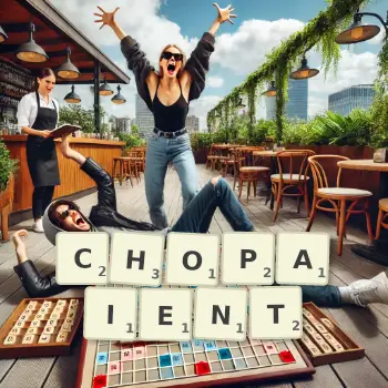 Illustration créative d'un jeu de lettres avec le mot CHOPAIENT épelé sur le plateau.