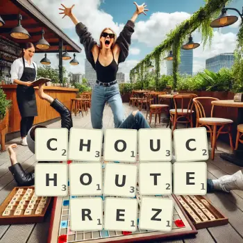 Illustration créative d'un jeu de lettres avec le mot CHOUCHOUTEREZ épelé sur le plateau.