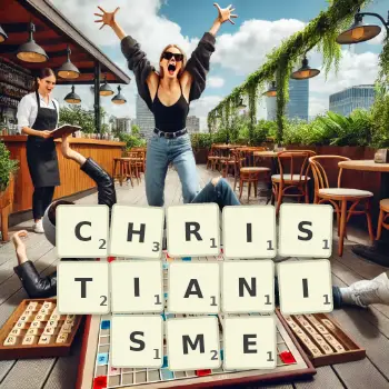 Illustration créative d'un jeu de lettres avec le mot CHRISTIANISME épelé sur le plateau.