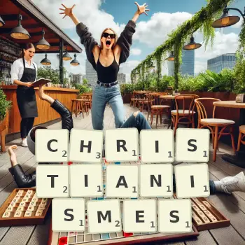 Illustration créative d'un jeu de lettres avec le mot CHRISTIANISMES épelé sur le plateau.