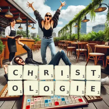 Illustration créative d'un jeu de lettres avec le mot CHRISTOLOGIE épelé sur le plateau.