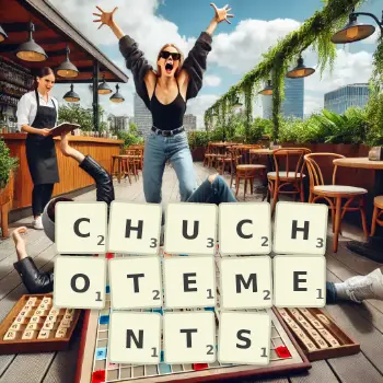 Illustration créative d'un jeu de lettres avec le mot CHUCHOTEMENTS épelé sur le plateau.