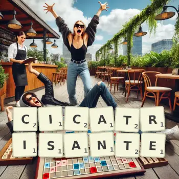 Illustration créative d'un jeu de lettres avec le mot CICATRISANTE épelé sur le plateau.
