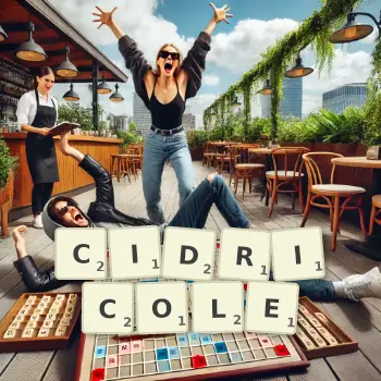 Illustration créative d'un jeu de lettres avec le mot CIDRICOLE épelé sur le plateau.