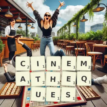 Illustration créative d'un jeu de lettres avec le mot CINEMATHEQUES épelé sur le plateau.