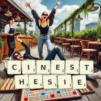 Illustration créative d'un jeu de lettres avec le mot CINESTHESIE épelé sur le plateau.