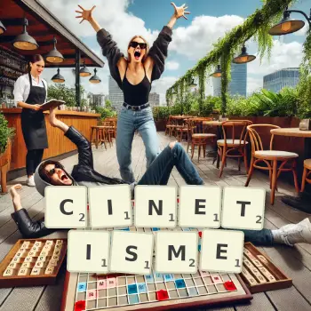 Illustration créative d'un jeu de lettres avec le mot CINETISME épelé sur le plateau.