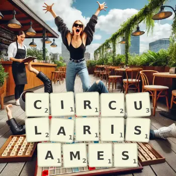 Illustration créative d'un jeu de lettres avec le mot CIRCULARISAMES épelé sur le plateau.