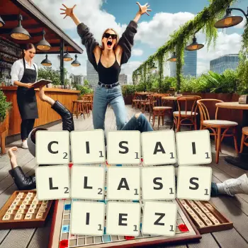 Illustration créative d'un jeu de lettres avec le mot CISAILLASSIEZ épelé sur le plateau.