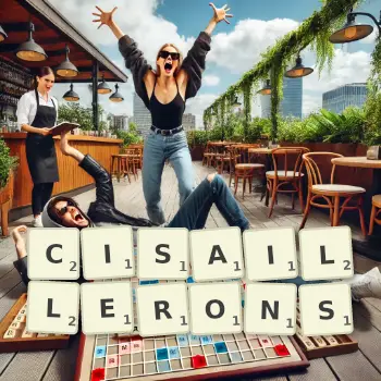 Illustration créative d'un jeu de lettres avec le mot CISAILLERONS épelé sur le plateau.
