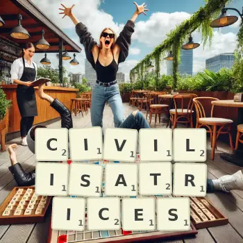 Illustration créative d'un jeu de lettres avec le mot CIVILISATRICES épelé sur le plateau.