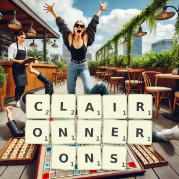 Illustration créative d'un jeu de lettres avec le mot CLAIRONNERONS épelé sur le plateau.