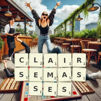 Illustration créative d'un jeu de lettres avec le mot CLAIRSEMASSES épelé sur le plateau.