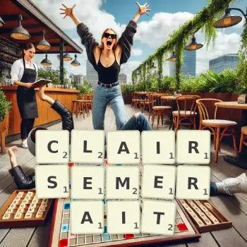Illustration créative d'un jeu de lettres avec le mot CLAIRSEMERAIT épelé sur le plateau.